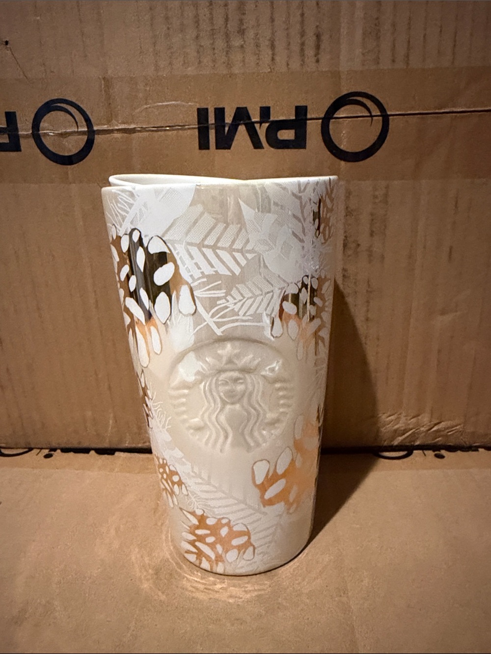 Starbucks White Ceramic Vase with Gold Leaf Motif
